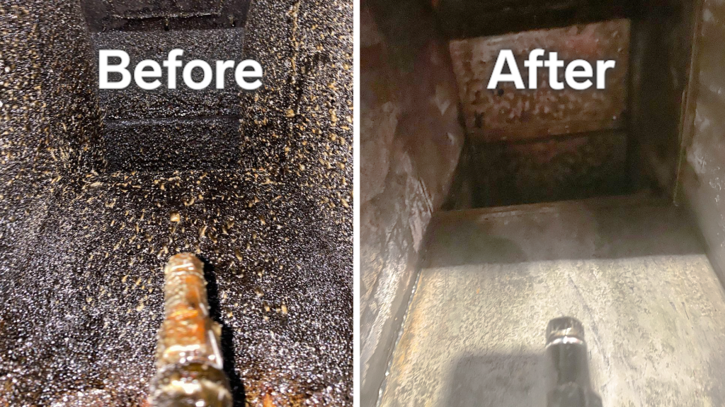 Carbonized grease buildup inside commercial kitchen ductwork